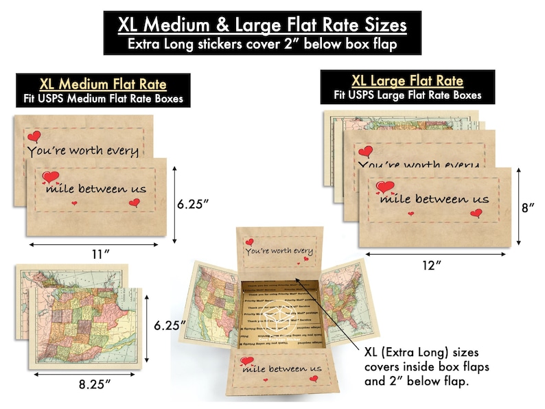Może przedstawiać: Dwa zestawy naklejek do pudełek USPS z płaską stawką. Naklejki są brązowe z vintage wzorem mapy i tekstem "You're worth every mile between us". Naklejki mają wymiary 11 cali na 6,25 cala i 12 cali na 8 cali.