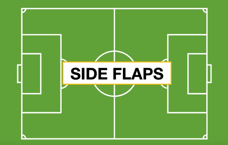 K&ouml;nnte beinhalten: Ein gr&uuml;ner Fu&szlig;ballplatz mit wei&szlig;en Linien, die das Feld markieren, einem Mittelkreis und zwei Strafr&auml;umen. Ein gelbes Banner mit dem Text "SIDE FLAPS" ist in der Mitte des Feldes angebracht.