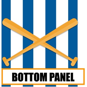 May include: Two crossed wooden baseball bats on a blue and white striped background with the text "BOTTOM PANEL" in a yellow rectangle.