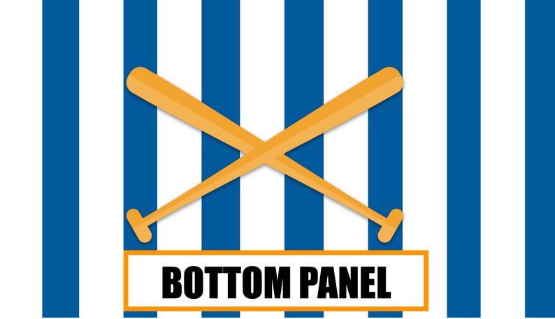 May include: Two crossed wooden baseball bats on a blue and white striped background with the text "BOTTOM PANEL" in a yellow rectangle.