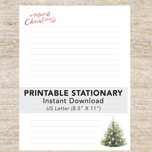 May include: A white sheet of lined stationery featuring the red cursive text Merry Christmas in the top left corner and a watercolor illustration of a decorated Christmas tree in the bottom right corner, measuring 8.5 inches by 11 inches.