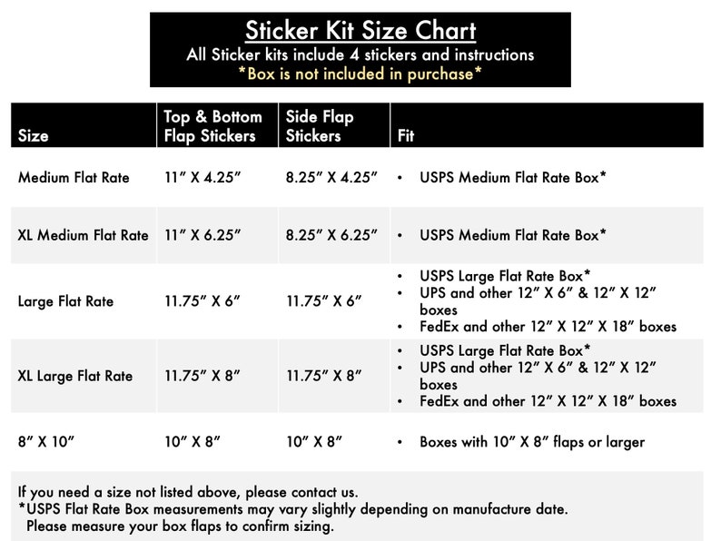 May include: A chart showing the different sizes of sticker kits for shipping boxes. The chart lists the size of the box, the size of the top and bottom flap stickers, the size of the side flap stickers, and the fit for the stickers. The chart also includes a note that the box is not included in the purchase.
