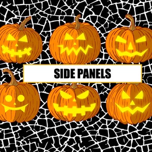 May include: Six orange jack-o'-lantern pumpkins with different facial expressions against a black and white cracked spiderweb background. The text "SIDE PANELS" is written in white letters on a gold banner.