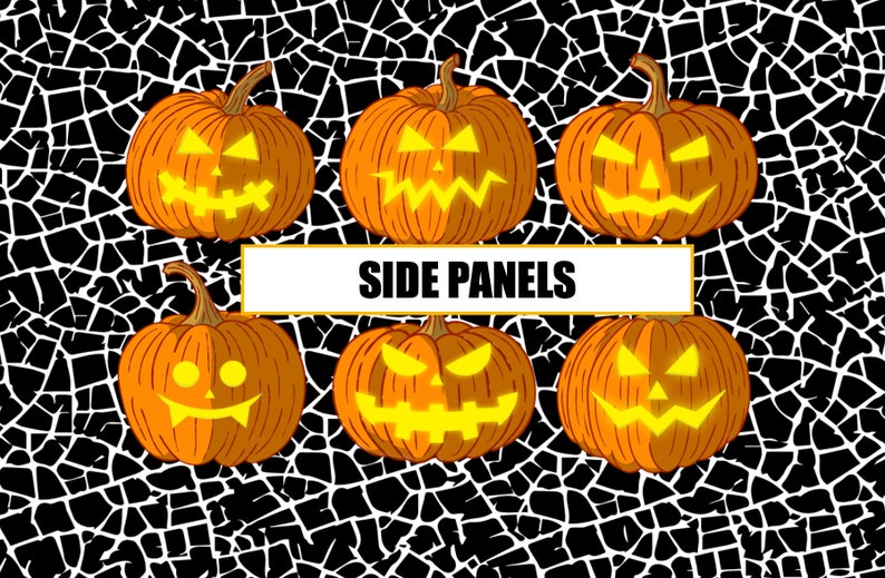 May include: Six orange jack-o'-lantern pumpkins with different facial expressions against a black and white cracked spiderweb background. The text "SIDE PANELS" is written in white letters on a gold banner.