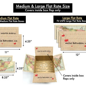 Może przedstawiać: Zestaw dw&oacute;ch kartek z papieru kraft z czerwonymi sercami i tekstem "You're worth every mile between us". Kartki mają 4,25 cala wysokości i 11 cali szerokości. Kartki pokazano w dw&oacute;ch r&oacute;żnych konfiguracjach: płasko i złożone w pudełko. Pudełko ma 4,25 cala wysokości, 8,25 cala szerokości i 12 cali długości.