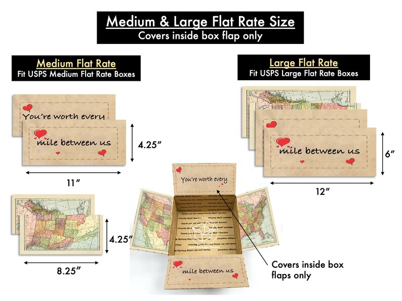 Może przedstawiać: Zestaw dw&oacute;ch kartek z papieru kraft z czerwonymi sercami i tekstem "You're worth every mile between us". Kartki mają 4,25 cala wysokości i 11 cali szerokości. Kartki pokazano w dw&oacute;ch r&oacute;żnych konfiguracjach: płasko i złożone w pudełko. Pudełko ma 4,25 cala wysokości, 8,25 cala szerokości i 12 cali długości.
