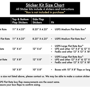 Może przedstawiać: Wykres przedstawiający r&oacute;żne rozmiary zestaw&oacute;w naklejek do pudełek z płaską stawką USPS i FedEx. Wykres zawiera informacje o rozmiarze pudełka, rozmiarze naklejek na g&oacute;rną i dolną klapę, rozmiarze naklejek na boczną klapę oraz dopasowaniu naklejek. Wykres zawiera r&oacute;wnież informację, że pudełko nie jest wliczone w cenę zakupu.