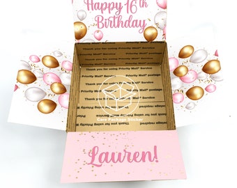 Birthday box for her / Choose age / custom personalized name / teen girl pink surprise / sweeet 16 / 21st / care package stickers kit set