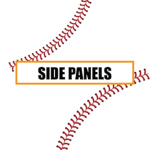 May include: A white background with two red baseball stitches forming a V shape. The stitches are on either side of a rectangular orange box with the text "SIDE PANELS" in black.