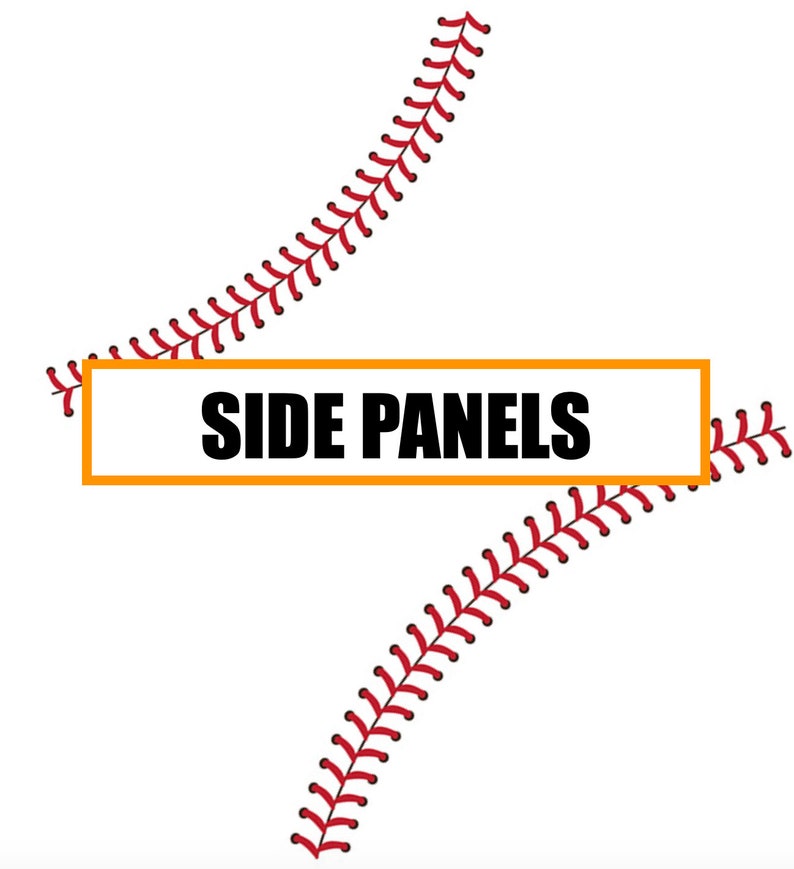May include: A white background with two red baseball stitches forming a V shape. The stitches are on either side of a rectangular orange box with the text "SIDE PANELS" in black.
