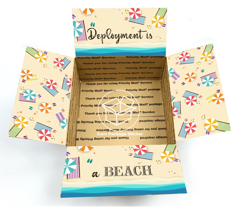 May include: A brown cardboard box with a beach-themed design. The box is open and the inside is lined with a blue and white striped pattern. The box has a sticker on the front that says "Deployment is a BEACH".