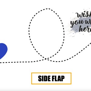 May include: A blue heart with a dashed line leading to a gray brushstroke with the text "wish you were here". The dashed line forms a loop.