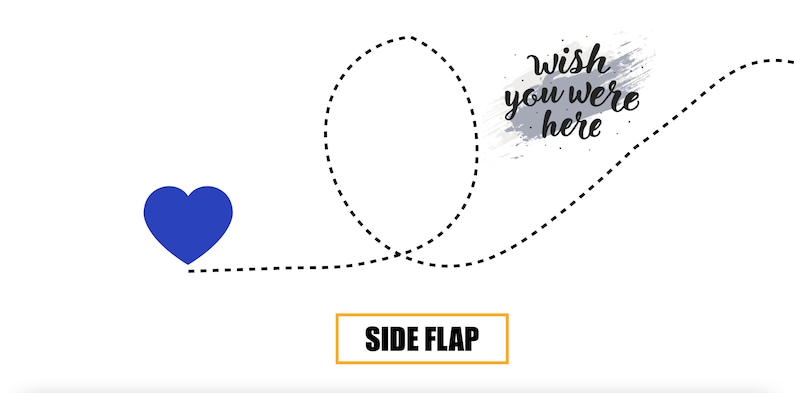May include: A blue heart with a dashed line leading to a gray brushstroke with the text "wish you were here". The dashed line forms a loop.