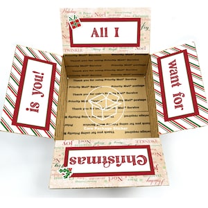 May include: A cardboard box with a red and green striped pattern. The box is open and the inside is decorated with a Christmas theme. The text "All I want for Christmas is you!" is printed on the box.