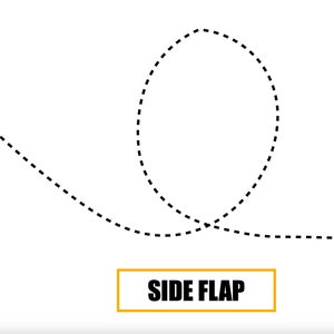 May include: A dashed line path leads to a blue heart shape with the text "SIDE FLAP" in a yellow box.