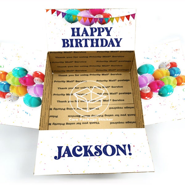 Birthday care package with name / custom birthday box for friend / deployment box for boyfriend / college care package flap stickers