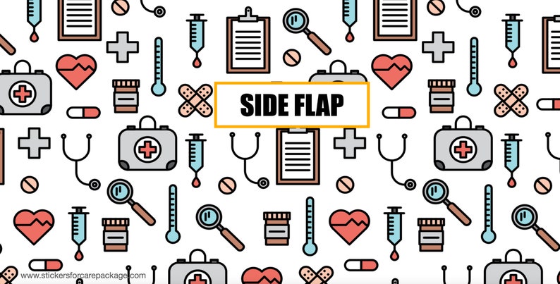 May include: A white background with a repeating pattern of medical icons, including a stethoscope, a heart, a thermometer, a first aid kit, a pill bottle, a bandage, a syringe, a magnifying glass, and a clipboard. The text "SIDE FLAP" is in a yellow box.