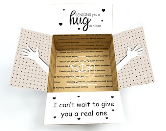 Hug in a box care package stickers / long distance get well hospital gift / box for boyfriend / i miss you college student flap labels