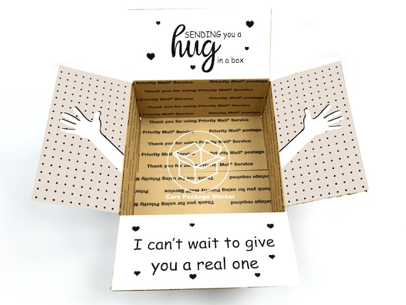 Hug in a box care package stickers / long distance get well hospital gift / box for boyfriend / i miss you college student flap labels