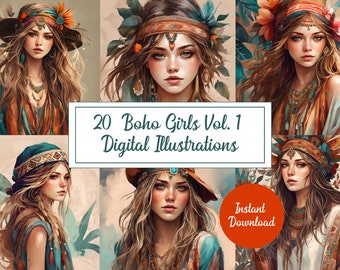 Captivating Collection of 20 Boho Girls Illustrations - Embrace the Spirit of Freedom and Individuality Vol.1