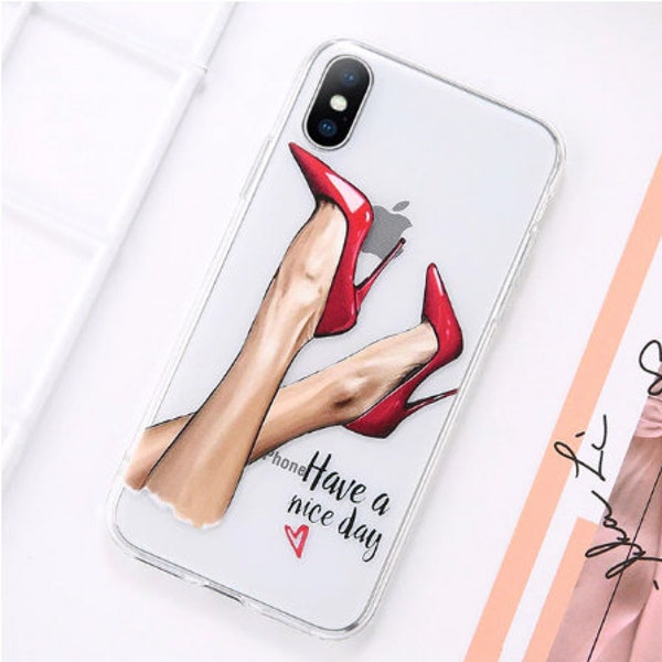 Coque iPhone 11 transparente en silicone souple Fashion Girl en talons aiguilles rouges