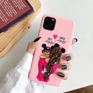 iPhone 11 custodia in silicone morbido rosa Mama mouse e baby mouse