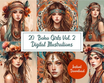 Captivating Collection of 20 Boho Girls Illustrations - Embrace the Spirit of Freedom and Individuality Vol.2