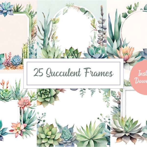 Succulents Frames Watercolor Illustration Set - Elegant Botanical Borders