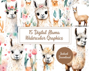 15 Adorable Llama Watercolor Digital Illustrations - Whimsical Charm in Every Brushstroke