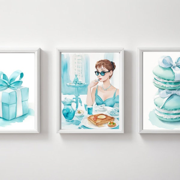 Breakfast at Tiffany's Watercolor Illustrations. Ilustrations of Audrey Hepburn, teal macaroons and gift box for Home Decor. Size A3