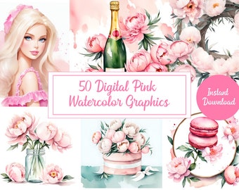 50 Digital Pink Watercolor Graphics  - Instant Download for Creative Projects