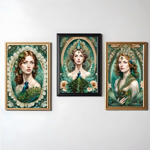 Ethereal Elegance - Rococo Portrait of a Woman with Emerald Peacock and Floral Mandala (set of 3 digital illustrations - printable art)Vol 1