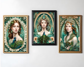 Ethereal Elegance - Rococo Portrait of a Woman with Emerald Peacock and Floral Mandala (ensemble de 3 illustrations numériques - art imprimable) Vol 1