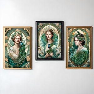 Ethereal Elegance - Rococo Portrait of a Woman with Emerald Peacock and Floral Mandala (set of 3 digital illustrations - printable art)Vol 2