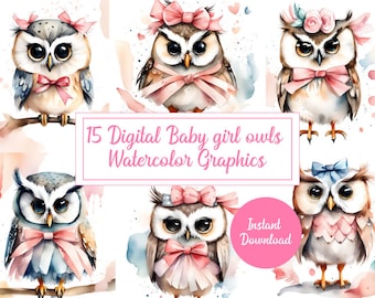 15 Sweet Baby Girl Owl Watercolor Illustrations - Whimsical Cuteness in Every Stroke