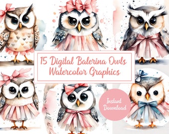 15 Ballerina Owl Watercolor Illustrations - Graceful Whimsy in Every Brushstroke