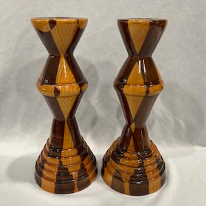 Turned Block Wood Candlesticks 7.5”. - Set of 2