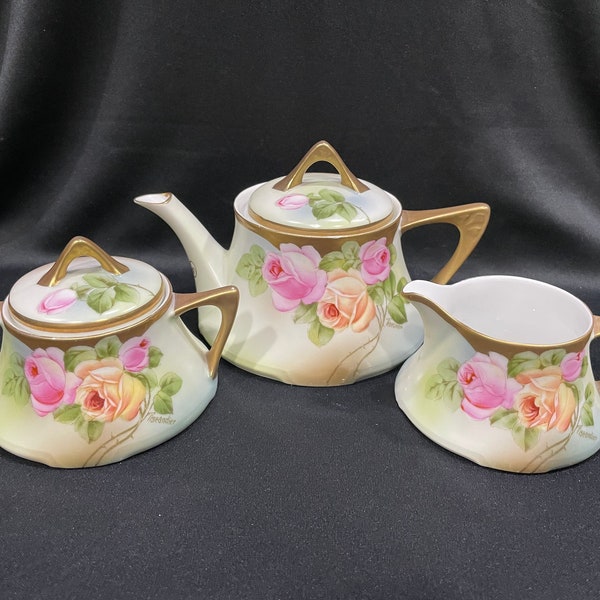 Royal Munich, ZS & Company, Gold Trimmed Pink Rose Floral Teapot, Sugar Bowl and Creamer, Made in Bavaria