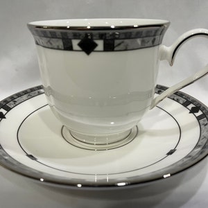Lenox China Company, Debut Collection, Kara, Cup and Saucer with Silver Rim and Art Deco Styled Black Trim, Lenox Cup and Saucer