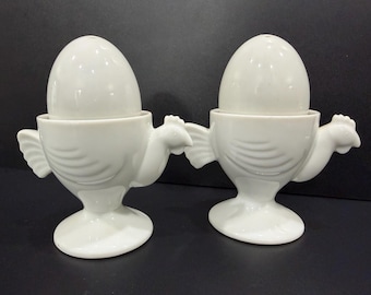 White Chicken Egg Cups with Egg Shaped Salt and Pepper Shakers, Made in Japan