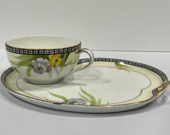 Vintage Porcelain Floral Cup and Plate Snack Set, Gold Trim