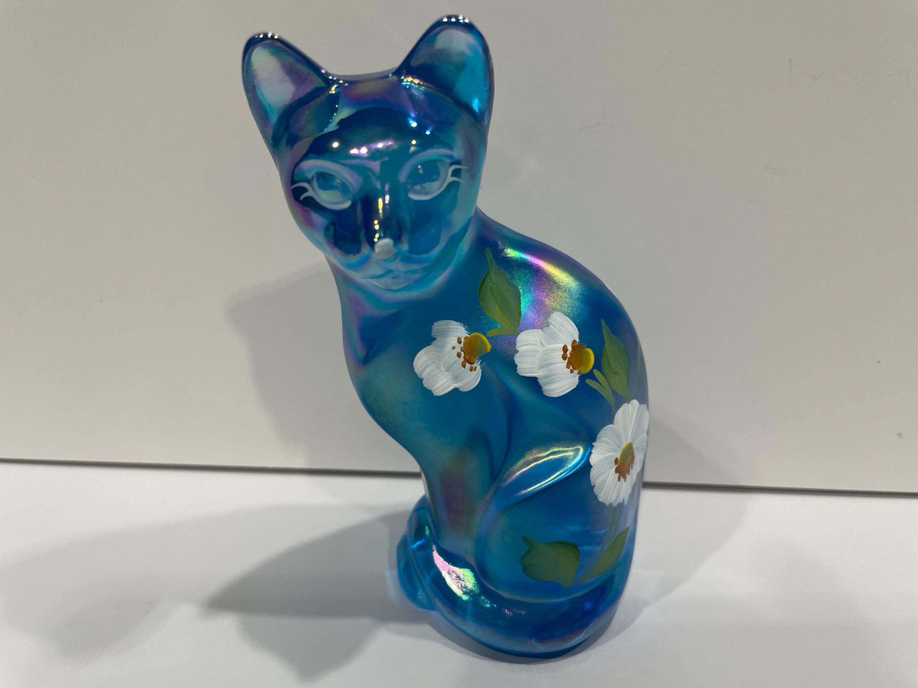 Fenton Carnival Glass Cat Figurine, Stylized Blue With Flowers - Etsy