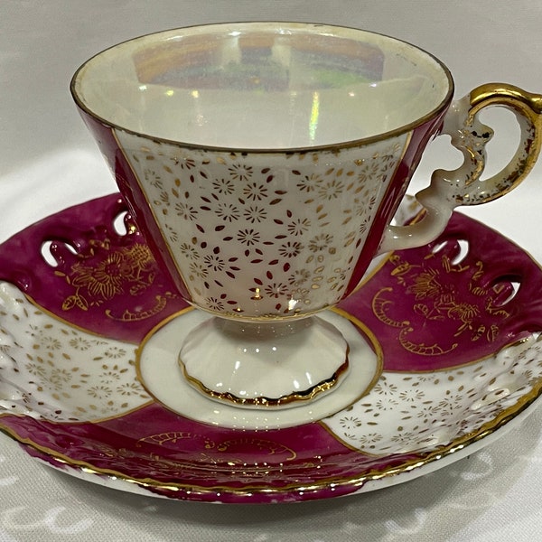 Irridescent Purple and White Demitasse Teacup, Gold Trimmed, Japan, Small Porcelain Cup and Reticulated Saucer