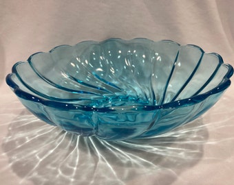 Hazel Atlas Capri Blue Swirl Serving Bowl, Turquoise Bowl, Blue Shell, Flower Bottom