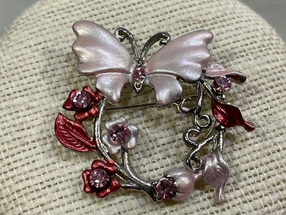 Pink Rhinestone and Enamel Butterfly Brooch, Butt… - image 1