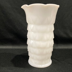 Vintage Milk Glass Triangular Shaped Raised Pattern Vase Fluted Edges