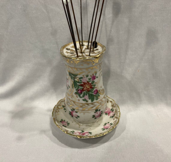 Floral Hat Pin Holder, Gold Trimmed, Includes 9 Ha