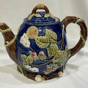 Wan Jiang Nouveau Majolica Teapot, Raspberry Blossom Embossed Teapot, Floral Teapot with Tree Stem Handle and Lid