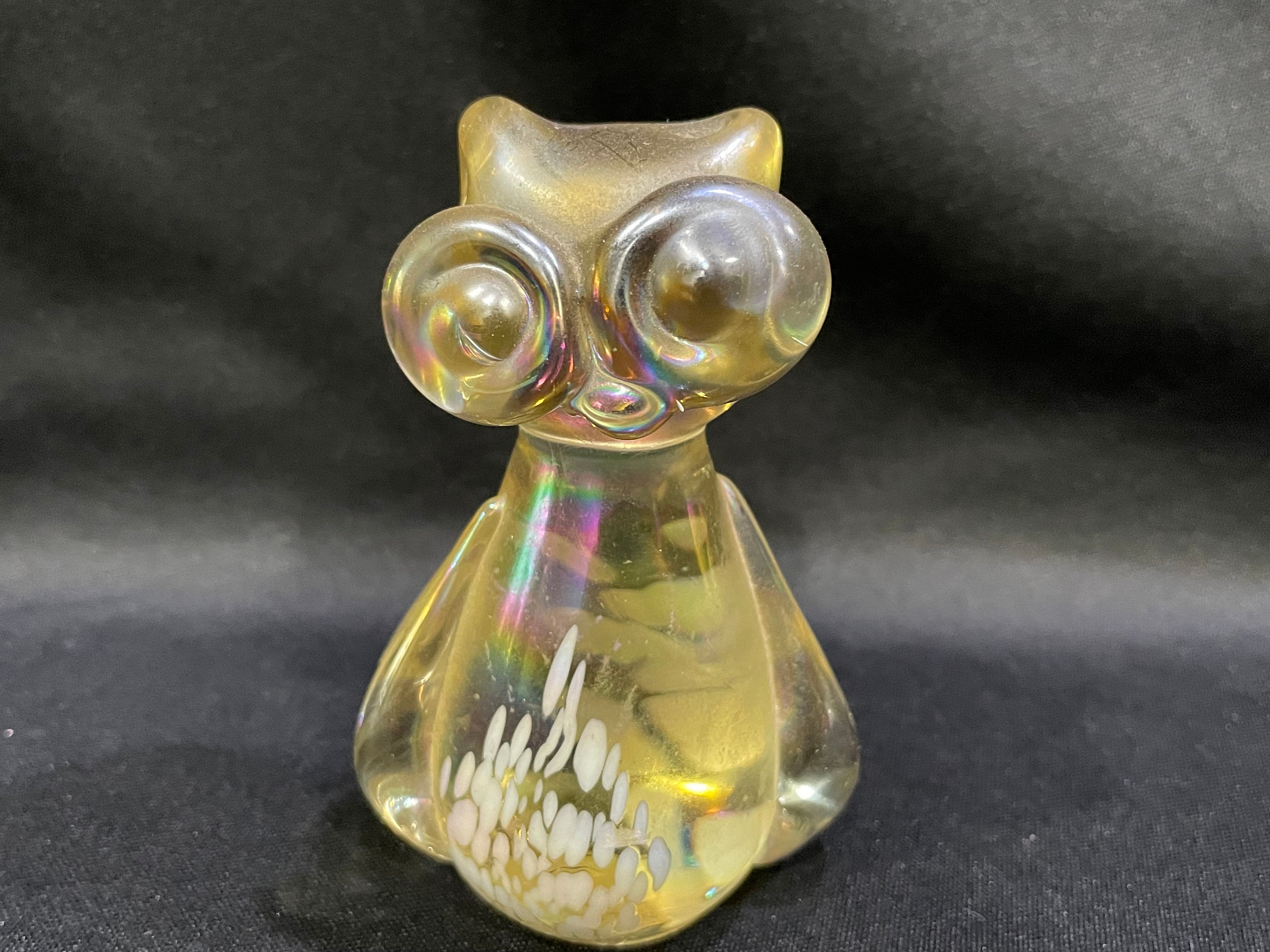 Art Glass Irridescent Yellow Owl, Handblown Glass Owl, Glass Owl Paperweight