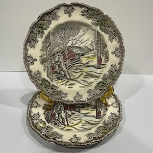 Johnson Bros China Platter, Friendly Village Bread and Butter Plates, Village Green, Red Barn Snow Scene - Set of 2